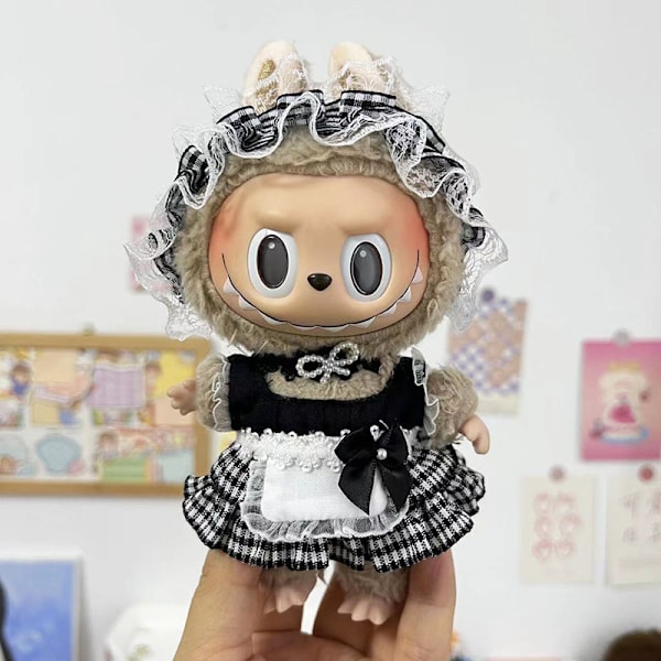 Rutiga svart tyll-tjänsteflicka kjol, (endast kläder) 17cm hänge blind box macaron Labubu Labubu Time to chill dockkläder