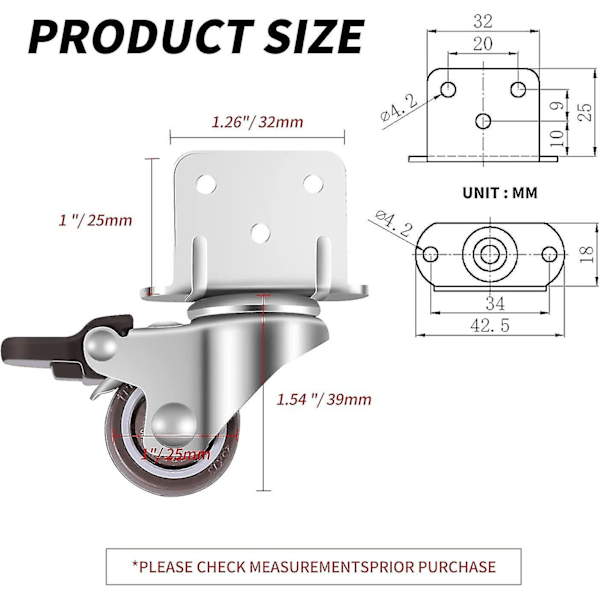 Sæt med 4 små møbelhjul med drejelig funktion, 25 mm med bremse, L-formet monteringsplade, egnet til møbler, blomsterstativer, børneværelser (25 mm)-mxbc