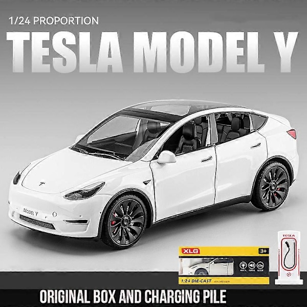 1:24 Tesla Model Y Model 3 Opladningsbase Legering Støbt Legetøjsbil Model Lyd og Lys Børnelegetøj Samlerobjekt Fødselsdagsgave
