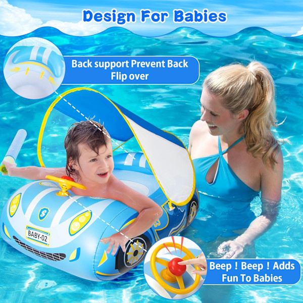 Babysimring med solskydd, babysimring med babysäte för 1-åringar, babysimring med babysäte för 6-månaders bebisar, lämplig för 1-4 år gamla bebisar, blå