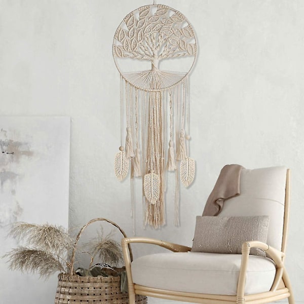 Livets Træ Stor Drømmefanger, Vægophængt Drømmefanger Med Fjerblad Vævet Boho Drømmefangere Til Hjem Soveværelse Børneværelse Vuggestue Hippie Bryllup