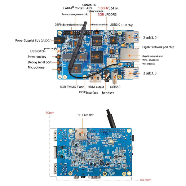 3 2GB+8G EMMC LPDDR3 Development Board H6 Bluetooth 5.0 Støtte Android 7.0, , Debian Single Board