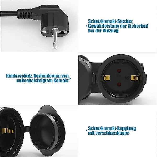 Dobbel Plugg for Stikkontakt, Skjøteledning med 2 Schuko Stikkontakter, Multippel Stikkontakt Utendørs, 16 A / 250