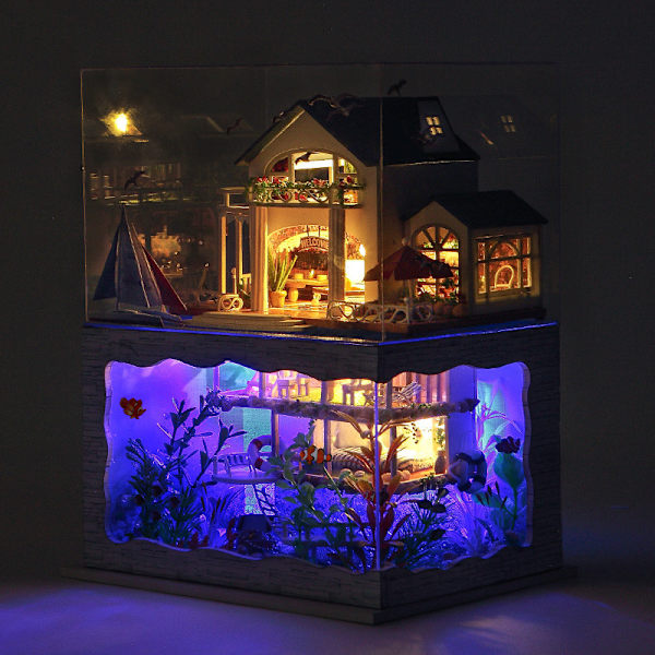 Impression Hawaii DIY stuga vid havet villa rum modell handmonterad träleksak present, kreativt pussel