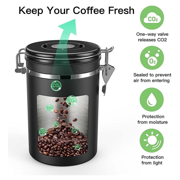 Kaffeburk Lufttät 500 g bönor, 1,8 l bönorbehållare, vakuumkaffelåda med sked förvaringsburk för Co