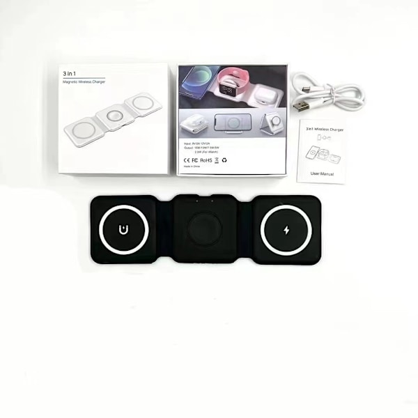Multi-Apple Enheds Opladningsbase - 3-i-1 Foldbar Magnetisk Trådløs Opladningsbase - Rejseopladningspude (Sort)