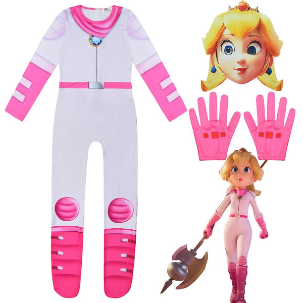 Super Mario Bros Princess Peach Cosplay Jumpsuit Børn Piger Fest Prinsesse Fancy Dress Kostume Med Handsker Mas