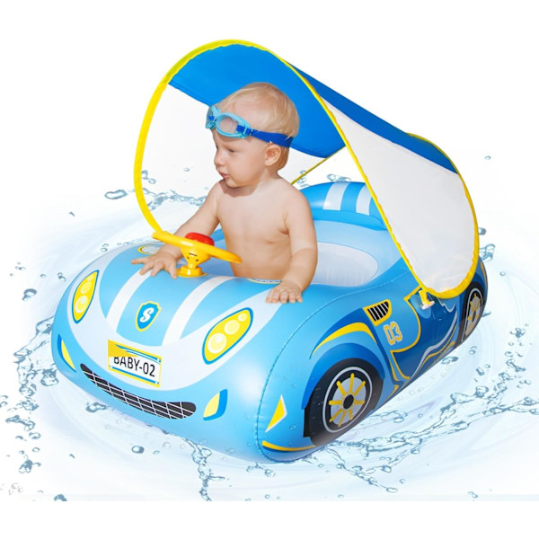 Babysimring med solskydd, babysimring med babysäte för 1-åringar, babysimring med babysäte för 6-månaders bebisar, lämplig för 1-4 år gamla bebisar, blå