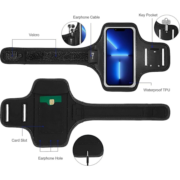 Sportsarmbånd til telefon til løb med kortslot og nøglelommer, træningsarmbånd til telefonholder kompatibel med iPhone 14 Plus, 13 Pro, 12 Pro Max, S