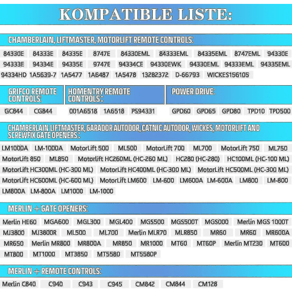 2 Pack Vaihto Handheld Chamberlain Liftmaster Motorlift Autotallin oven lähetin 94335e | 84335e | Ml700 |