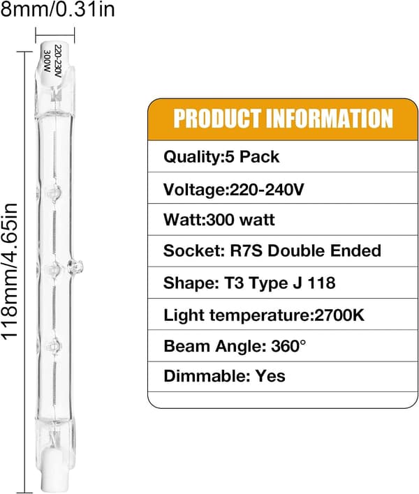 5-pack 300W R7s linjära halogenlampor, säkerhetshalogenlampor [energiklass G]