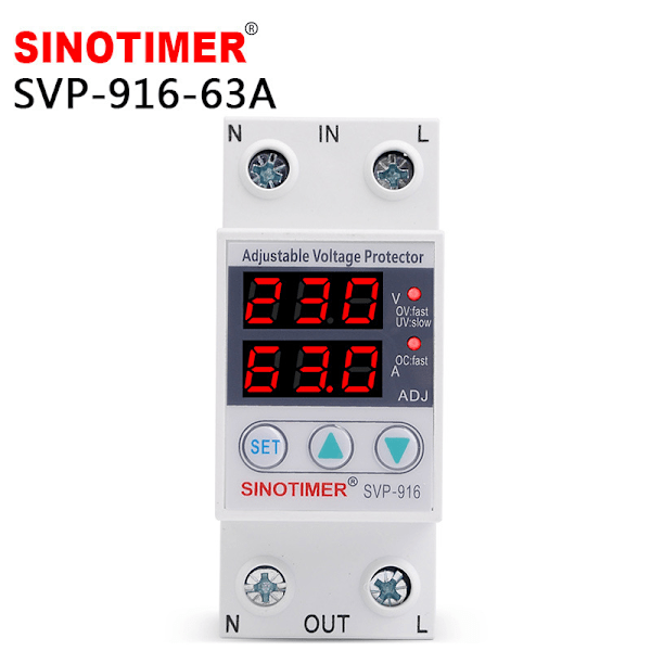 SVP-916 63A justerbart självåterställande intelligent över- och underspänningsskydd med strömbegränsning och fördröjning 220V