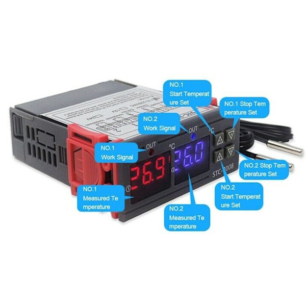 STC-3008 Dator Digital Display Intelligent Dubbel Kontroll Elektronisk Termostat Justerbar Termostatbrytare