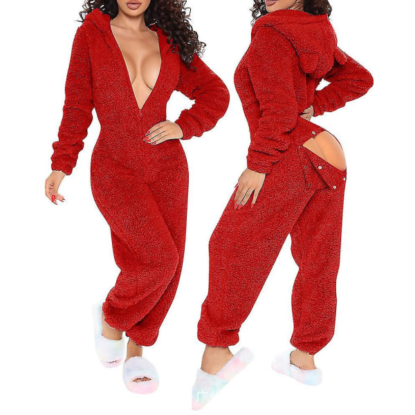 3d Jumpsuit med hætte og hætte til hjemmebrug Pyjamas Højtaljeklap Funktionelle Fluffy Lounge Jumpsuits Overalls ensfarvet
