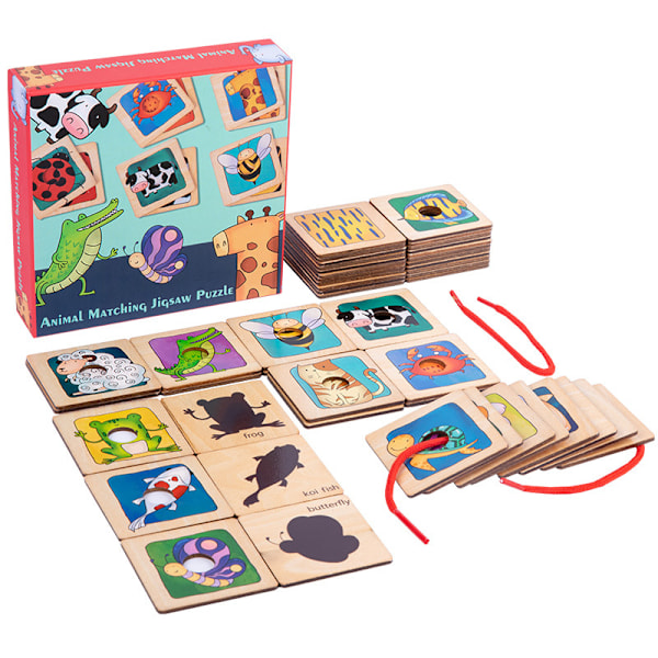 Children's Wooden Skin Find Shadow Matching Cartoon Animal Number Word Puzzle Cognitive Threading Toys