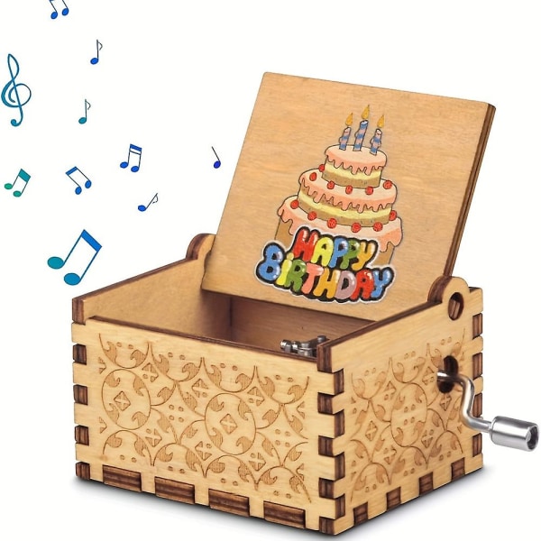 Retro unik musikboks til tillykke med fødselsdagen, Mini træhåndsving musikboks, vintage indgraveret boligdekoration Bi