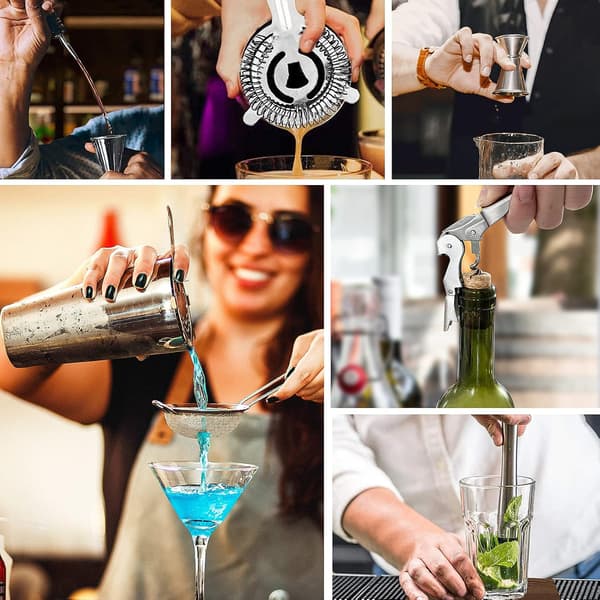10-dele Cocktail Shaker Sæt / Barværktøjssæt, Inkluderer 750ml Shaker — Rustfrit Stål, Sølv