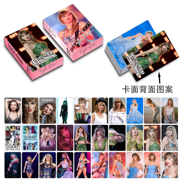 30 dobbeltsidede fotokort af Taylor Swift, der omgiver Taylor Swift HD-samlekort