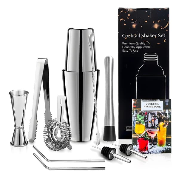 10-dele Cocktail Shaker Sæt / Barværktøjssæt, Inkluderer 750ml Shaker — Rustfrit Stål, Sølv