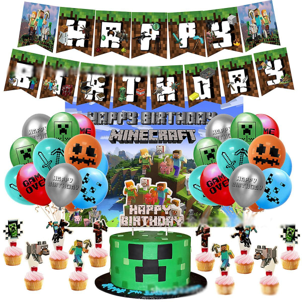 Minecraft speltema Grattis på födelsedagen Party Dekoration Ballong Banner Bakgrund Tyg Cake Toppers Set