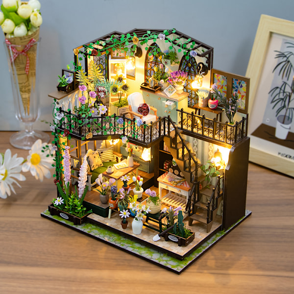 1-pack dubbeldäckarvilla trädgårdshus mini 3D byggnad DIY handgjord dockhus monterat blomhus