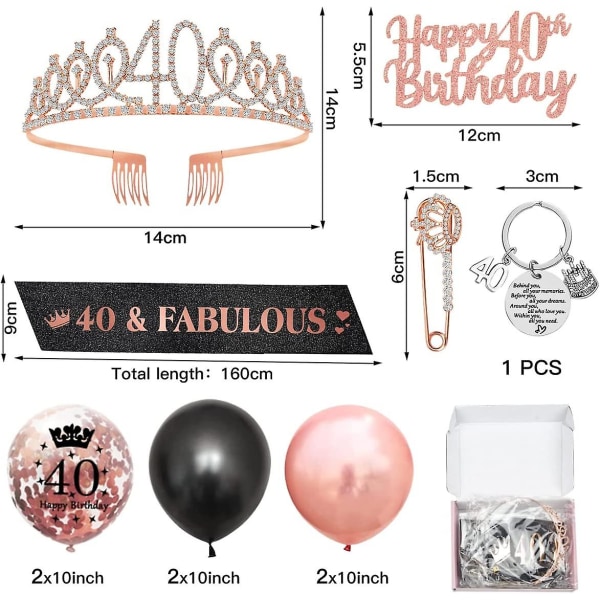 40-årspresenter för kvinnor, 40-års födelsedagsbälte och tiara kvinnor 40-årsdekorationer, tiara Rhinestone Crown, glitter sash, svart roséguld ballong
