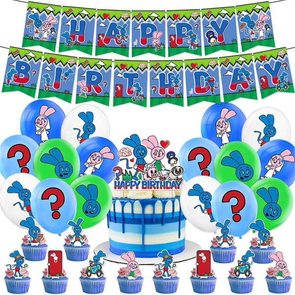 Riggy The Rabbit Monkey Fødselsdagspynt Tegnefilm tema balloner Kit Banner Kage Cupcake Toppers Fest Supper