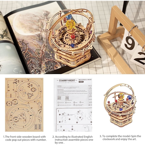 ROBOTIME Musikbox 3D-pussel Trämodellbyggsatser för vuxna att bygga, mekanisk byggnadskonstruktion Craft Kit