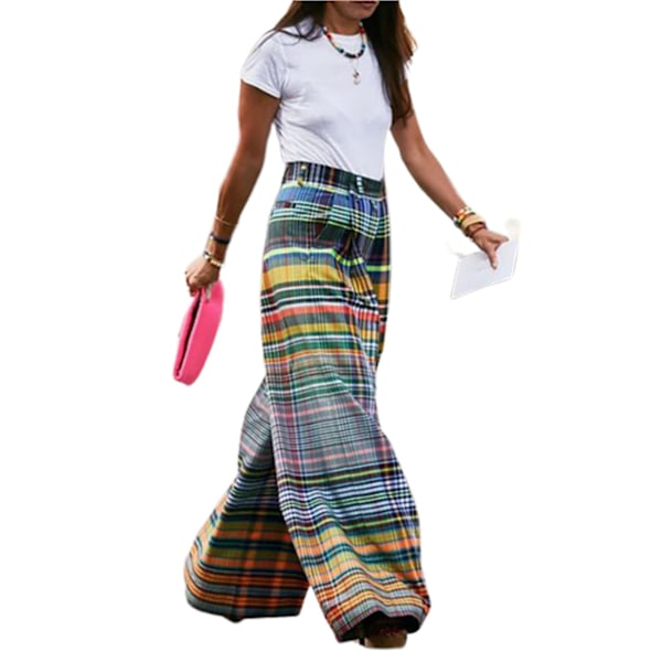 Fashion Wide Leg Loose Pants Checkerboard Print Casual Trousers-YuJia