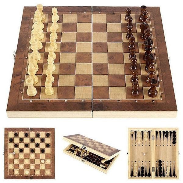 Træfoldbart 3 i 1 skak, backgammon træbræt foldbart brætspil 29x29cm