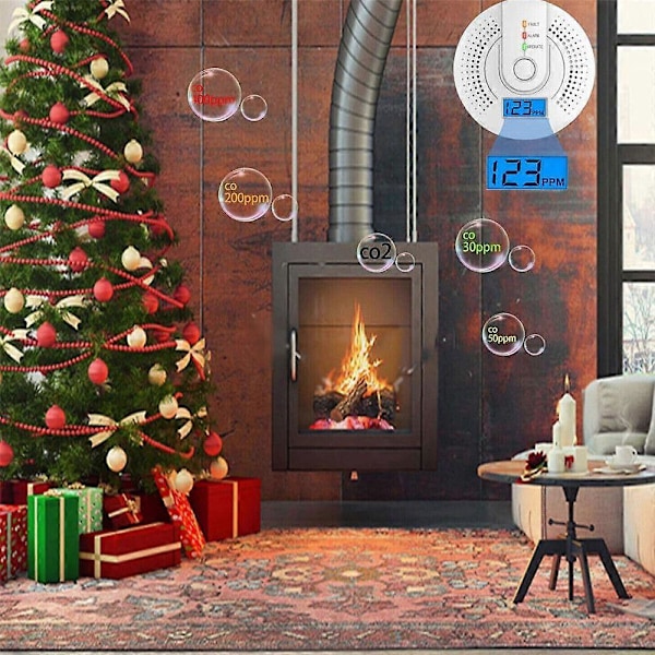 2 stk. Kulilte Detektor Alarm Ny Fotoelektrisk Sensor 85dB Lydadvarsel LCD Digital Display Hjem Indendørs CO Forgiftnings Sirene