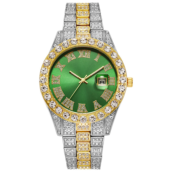 Gullgrønn, Hiphop-klokke Europeisk og amerikansk herre stålrem hip-hop romersk skala diamant kalender herre quartz klokke