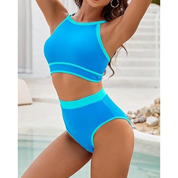 2024 Ny Européisk och Amerikansk Dam Baddräkt Hög Midja Bikini Set Enfärgad Sport Baddräkt Tvådelad Baddräkt (Sjöblå) Storlek 2XL