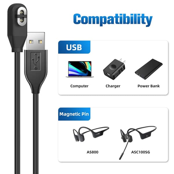 [1 pakke] Udskiftningsmagnetisk ladekabel til AfterShokz Aeropex/OpenRun, OpenRun Mini, OpenRun Pro, OpenComm 2/UC Bone Conduction hovedtelefoner