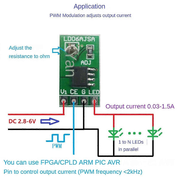 5 stk 30-1500MA Justerbar Konstant Strøm LED Driver DC 3.3V 3.7V 4.2V 5V PWM Kontrolkort Buck P