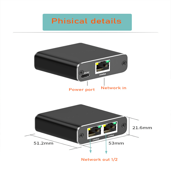 Gigabit-nettverk med 1/2 Ethernet-porter, RJ45 Ethernet-kabel, bredbåndsnettverksruting, 1/2 splitter-adapter