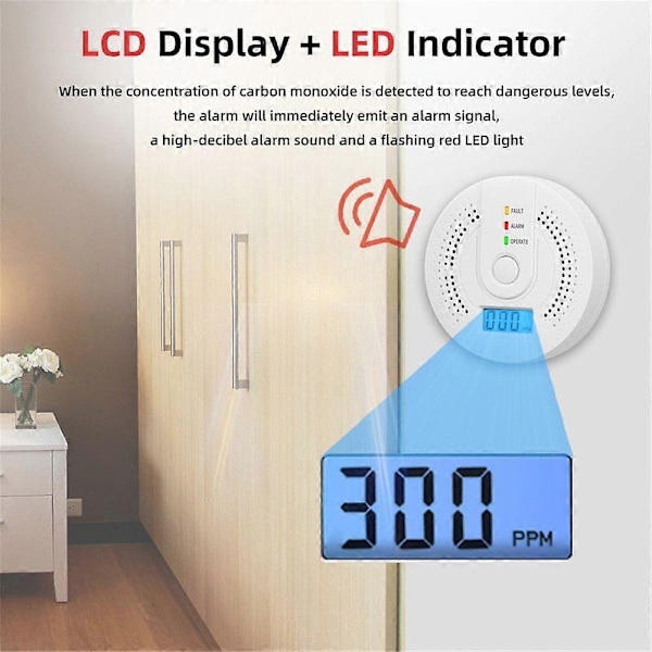 2 stk. karbonmonoksiddetektor alarm Ny fotoelektrisk sensor 85dB lydvarsling LCD digitalt display Hjem Innendørs CO forgiftningssirene