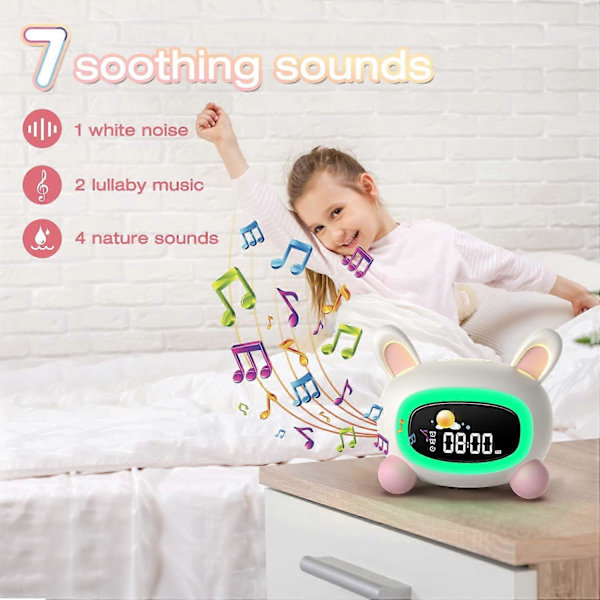 Børnealarmur, pædagogisk dag/nat lysende digital LED snooze lysalarmur, 5 farver, 7 melodier, kanin
