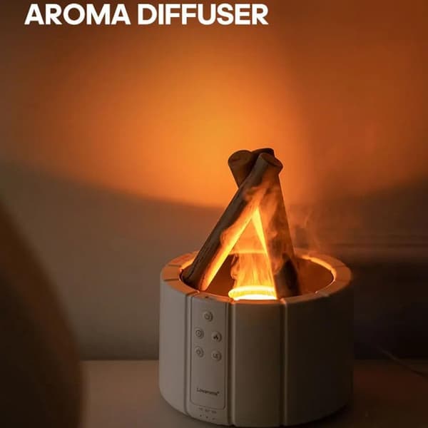 Flammefukter og Aroma Diffuser | Ultra Eterisk Olje Diffuser med Simulert Bålbluss Flammeeffekt Lys for Soverom, Hjem, Kontor White