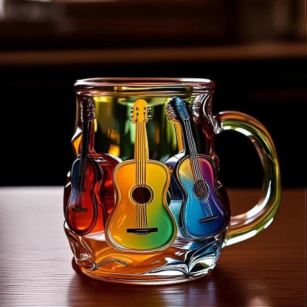 3D Gitarr Kaffemugg, Färgglad Musikalisk Design Glasmugg, Musikälskare Samlarobjekt Gåva 3D Gitarr Kaffemugg