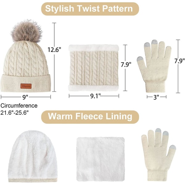 3 i 1 vinterhue tørklæde handskesæt til kvinder, varm fleeceforet strik beanie hat Touchscreen handsker og nakkekrig