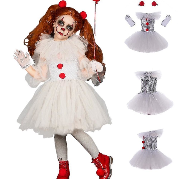 Pennywise Costume Kids Girls, Halloween Clown -asu It Cosplay Tutu Mekot hansikkailla ja Punaisella Pompom-hiuksella