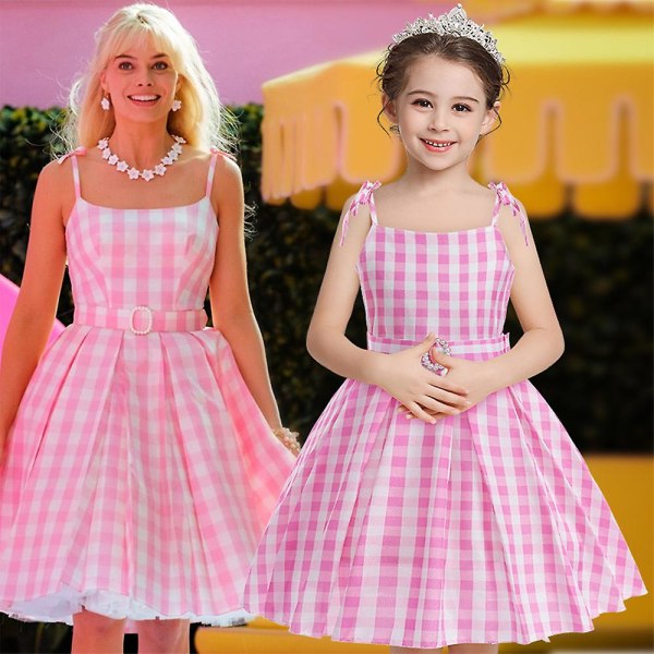 Barbie Cosplay Klänning Kostym Barn Margot Robbie Film Outfit Tjejer Rosa Vit Gingham Klänning Halloween Födelsedag