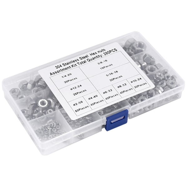 Rustfri Stål Møtrikker 2-56 til 3/8inch-16 UNC Hex Møtrik Sortimentssæt til Skruer Bolte - 280 stk