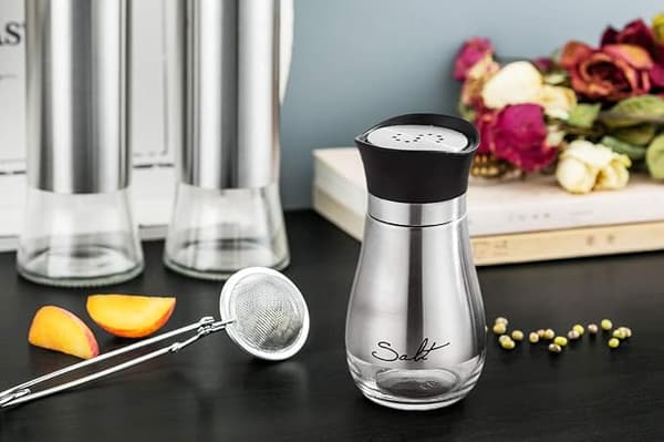 Salt- og peberkværnsæt — Rustfrit stål med glasbunde (sæt med 2) — Inkluderer bakke