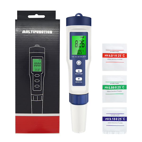 Backlight EZ-9909 Vattenkvalitetstestare PH/EC/TDS/Salinitet/Temperatur Fem-i-ett Multifunktionell Detektorpenna