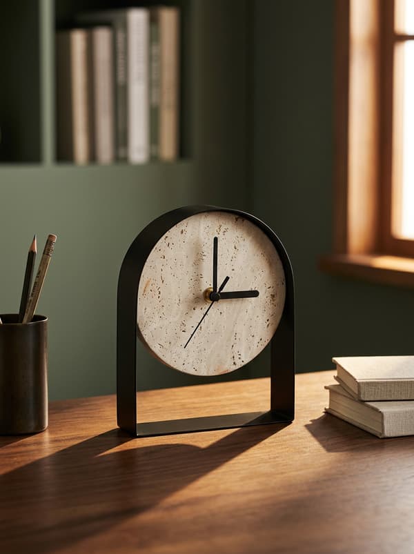 Ur med stenoverflade Kompakt buet kaminur Minimalistisk til hylde Sort