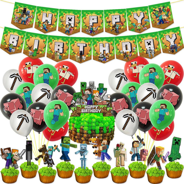 Minecraft Lapset Hyvää syntymäpäivää Juhlakoristelusarja Ilmapallot Banneri Kakku Cupcake Topper Kids