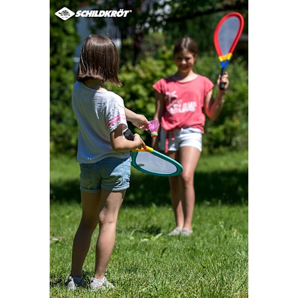 Racketset, jumbobadminton, två extra stora badmintonracketar XL med stretchnät, mjuk boll och färgade fjäderbollar