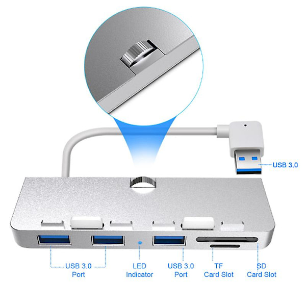 Alumiiniseoksesta valmistettu USB 3.0 -keskitin, 3 portin sovitinjakaja SD/TF-kortinlukijalla 21,5 27 PRO Slim Uni -laitteille